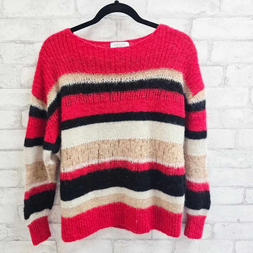 & Other Stories Mohair Wool Striped Sweater Red Black Tan XS Stockholm‎ Atelier